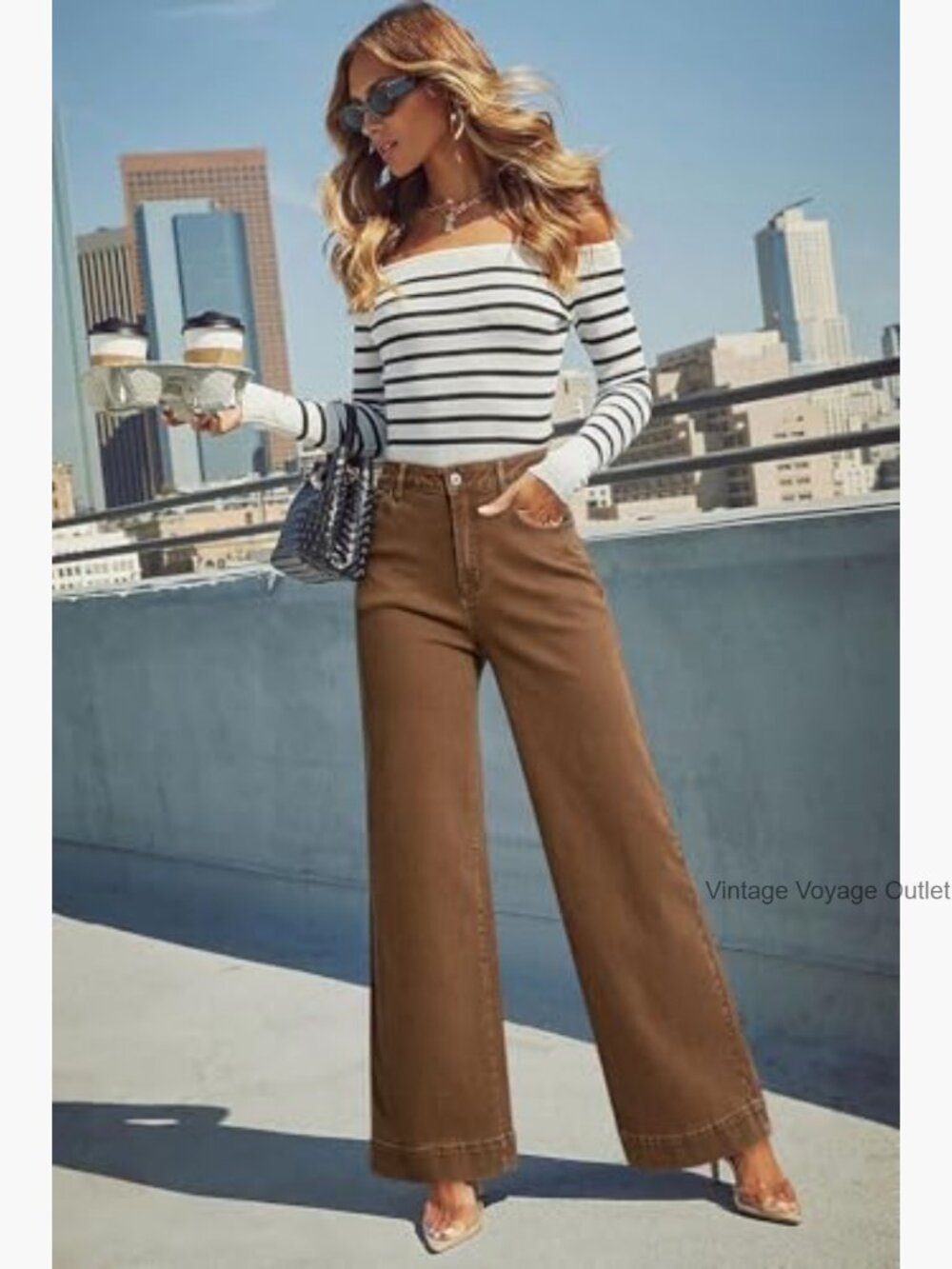 High Waisted Wide Leg Stretch Denim Pants with Pockets - Picture 4 of 7